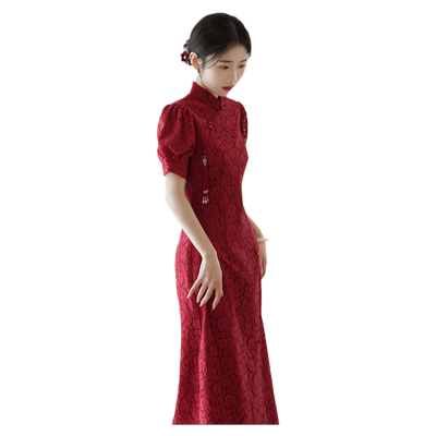 红色蕾丝长款旗袍裙女