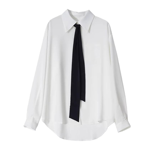 中长款休闲风白色衬衫女春季配领带大码宽松垂感显瘦别致衬衣上衣