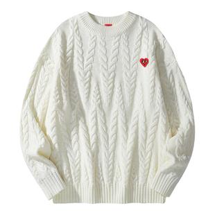 查尔斯桃心 圆领毛衣男秋冬季2025新款慵懒风红色针织白加绒情侣