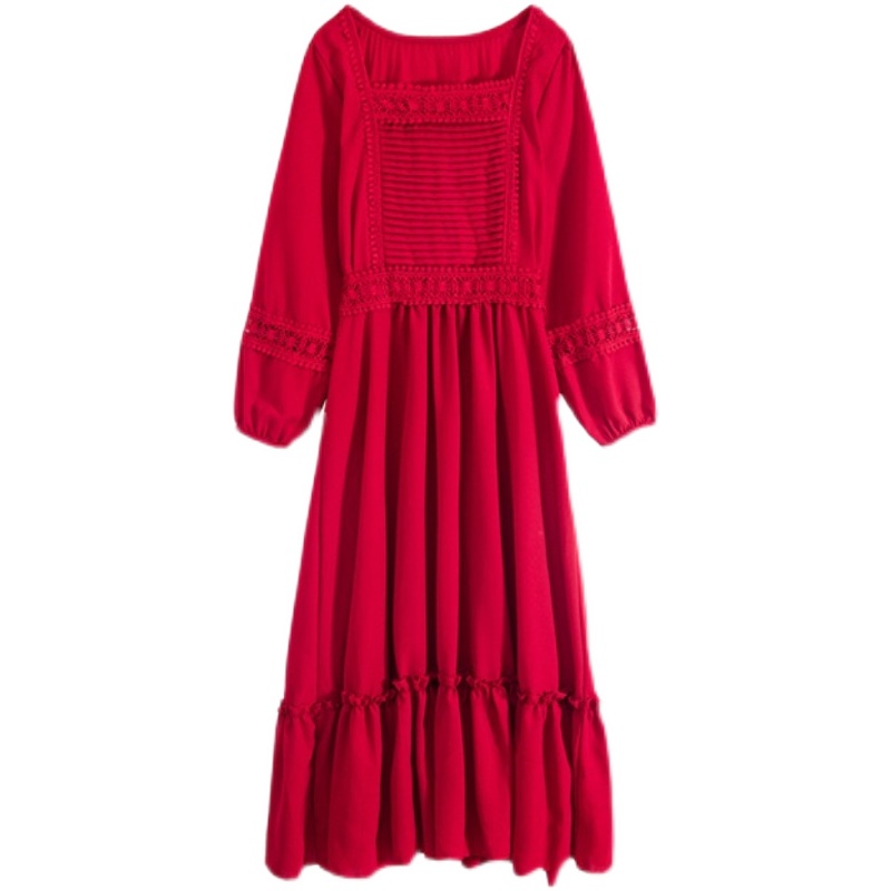 复古棉麻红色连衣裙夏2021新款超仙气质显瘦长裙波西米亚沙滩裙子