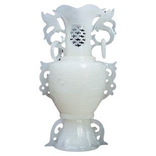 福雅禄天然玉石仿古镂空花瓶摆件玉雕仿古花瓶保平安客厅装饰摆设