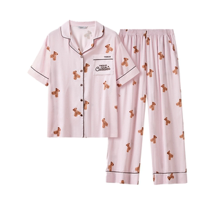TeenieWeenie小熊冰丝凉感睡衣女款夏季小熊印花绸面短袖女家居服