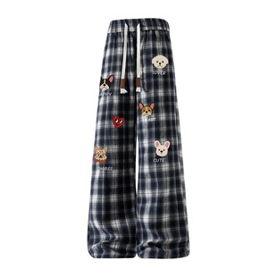查尔斯桃心小狗印花裤子男款春秋季潮牌宽松直筒垂感格子休闲长裤