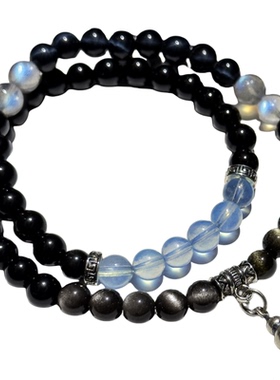 天然黑曜石海蓝宝补水多圈手链女