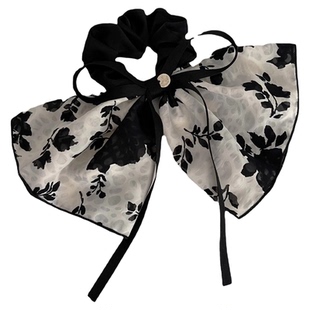 复古黑色碎花蝴蝶结大肠发圈女新款扎头发绳马尾头绳皮筋飘带发饰