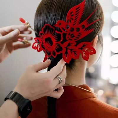 新中式秀禾头饰红色喜鹊花朵剪纸窗花发簪新娘国风旗袍晨袍发饰