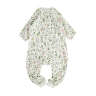 安旦春夏新款七分袖睡袋 儿童双层竹棉纱布分腿连体衣睡袋