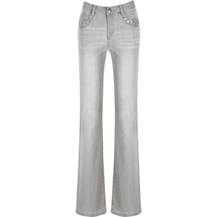 烟灰色牛仔裤女长裤宽松微喇裤时尚显瘦时髦气质直筒加长阔腿裤