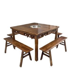 实木火锅桌商用下沉式电磁炉火锅桌方形火锅桌实木火锅桌天然气