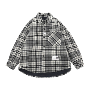 男童衬衫加绒2025冬装新款自制加厚中大童上衣韩版格子儿童外套暖