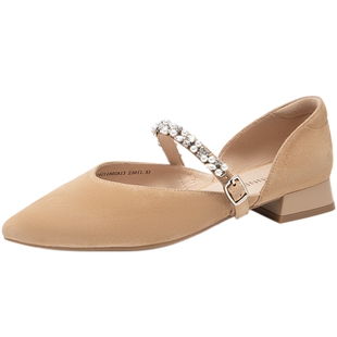 千百度平底时装凉鞋女夏季舒适中空尖头羊皮舒适气质半凉鞋百搭