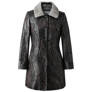 纯绵羊皮印花外套女水貂毛领可拆卸内胆冬装洋气高贵真皮衣羽绒服