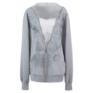 DoublePunch春秋原创设计套头假两件蕾丝拉链蝙蝠袖宽松连帽卫衣