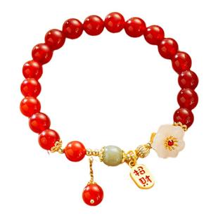 接福纳祥天然正品红玛瑙和田玉转运珠小花手串附证书女好运本命年