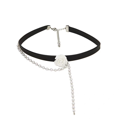 白色玫瑰花珍珠choker皮质项圈