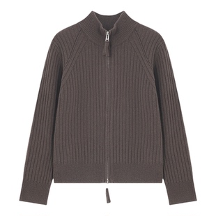 Basic House/百家好半高领黄色毛衣女新款羊毛衫坑条针织开衫外套