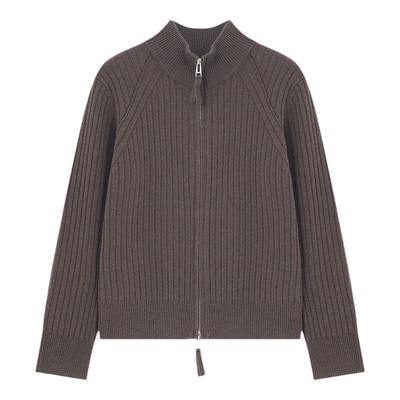 Basic House/百家好半高领黄色毛衣女新款羊毛衫坑条针织开衫外套