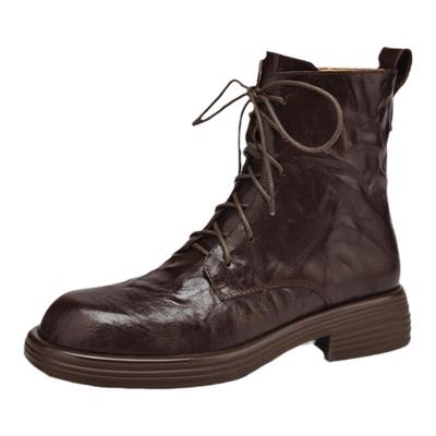 平底马丁靴厚底羊皮系带短靴子