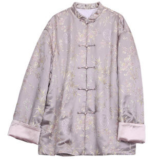 真丝交织提花缎冬棉衣女上衣中式文艺复古改良唐装女夹棉服外套女