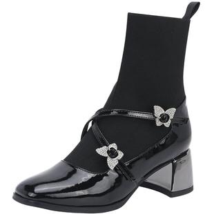 saturdaymode玛丽珍袜靴2025冬季新款法式复古气质粗跟显高瘦瘦靴