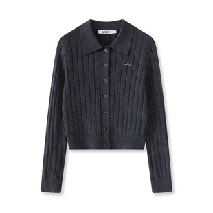 LILY2024冬新款女装格雷系学院风POLO领修身显瘦通勤针织开衫外套