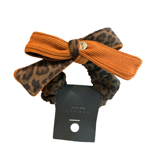 韩国甜酷辣妹风橙色豹纹针织蝴蝶结小肠圈侧低马尾绑发圈耐用头绳