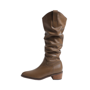 羊皮~骄屿复古不过膝长靴女尖头粗跟美拉德褶皱堆堆靴显瘦长筒靴