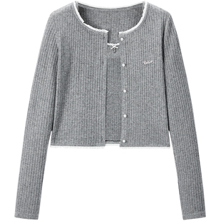 【商场同款】乐町两件套长袖T恤女秋季新款撞色领打底衫C1CPF3437