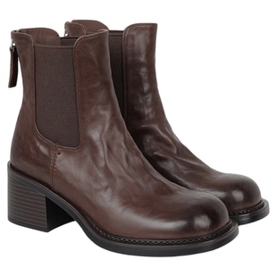 fed复古真皮粗跟显瘦切尔西短靴女秋冬新款后拉链圆头高跟马丁靴