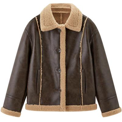 【商场同款】乐町2024冬季新款复古毛绒PU皮衣机车外套C2AEE4306