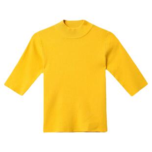 秋季针织衫女短款高腰修身小个子上衣薄款中袖打底衫半高领五分袖