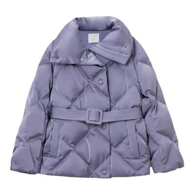 OVV秋冬新款女装光泽感缎面菱形格高领白鹅绒直筒羽绒服