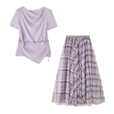 法式温柔风不规则上衣格子半身裙