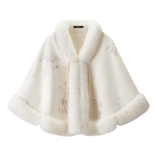 拉夏贝尔/La Chapelle新中式国风印花斗篷披风女加绒加厚毛领披肩