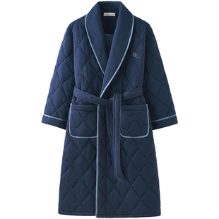 男士睡衣秋冬款纯棉夹棉加厚保暖三层中长款冬季睡袍晨袍浴袍全棉