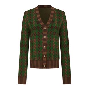 曼德诗V领毛织开衫毛衣2025秋季新品长袖复古格纹羊毛针织衫上衣