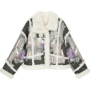 妖精的口袋皮毛一体满印短款毛呢外套女2025冬新款千金感过年战袍