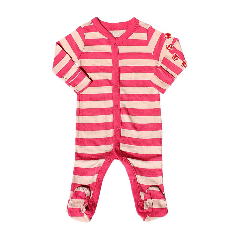 正品OLD NAVY美国老海军玫红条纹婴幼儿连体衣长款包屁爬服纯棉