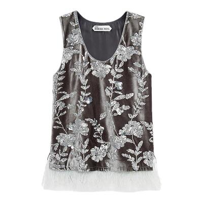 时尚珠绣拼接U领背心上衣