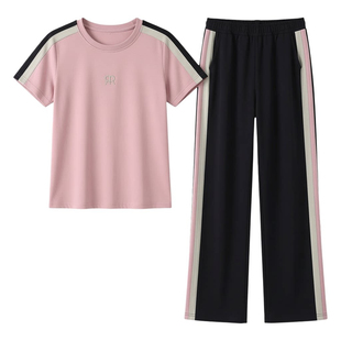 品牌休闲运动套装女时尚洋气夏季2026新款妈妈短袖长裤跑步两件套