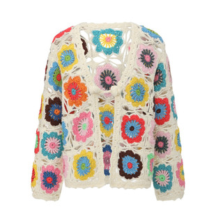 脸儿艺 手工钩花 多彩方格子 森女开衫羊毛 外套毛衣