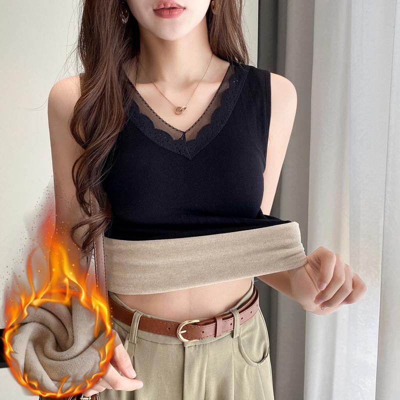 保暖背心女带胸垫加绒加厚打底衫秋冬季防寒V领大码无袖内搭上衣