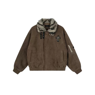 美式复古毛领座山雕派克棉服外套女冬2025新款十字架加绒夹克棉衣