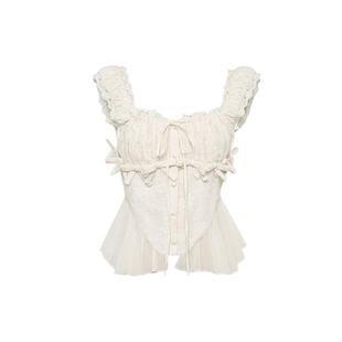 Maison Wester2025年夏季新款甜美白色方领抽绳褶皱女蝴蝶结上衣