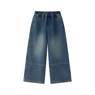 虾酱麻麻男童加绒牛仔裤冬季2026新款男孩长裤阔腿拼接儿童休闲裤