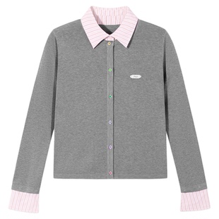 PSO Brand女装假两件撞色条纹polo领灰色长袖上衣宽松针织外套