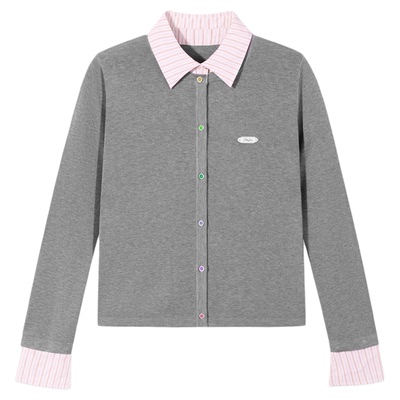 PSO Brand女装假两件撞色条纹POLO领长袖上衣宽松针织开衫潮牌秋