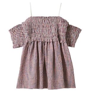 LILY BROWN2025秋冬新品甜美褶皱格纹露肩吊带A字衬衫LWFB254034