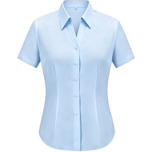 v领衬衫女短袖纯棉2026夏季新款高端衬衣工作服通勤职业上衣蓝色