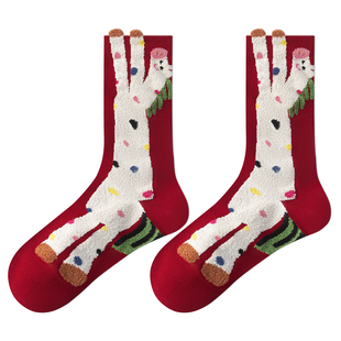 不会丢的袜子 本命年红色中筒袜女秋冬款纯棉马年卡通可爱圣诞袜